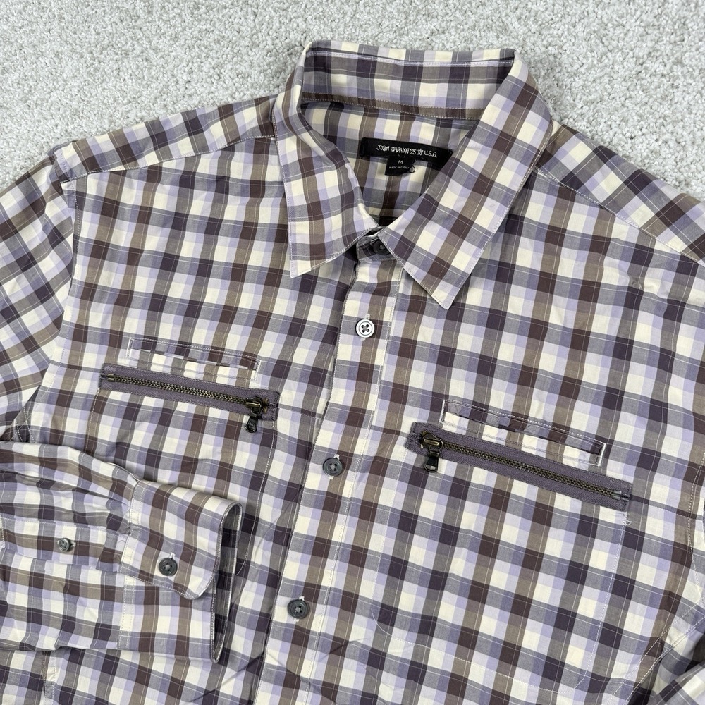 John Varvatos Shirt Medium Plaid Zip Pockets Button Casual Roll Tab